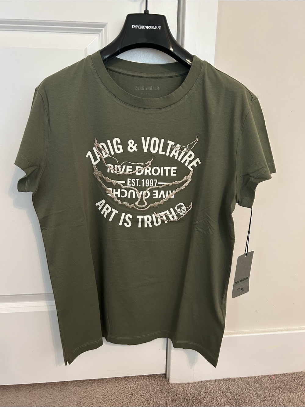 Zadig & Voltaire Walk HC Blason Wings Tee Olive Green Size M NWT